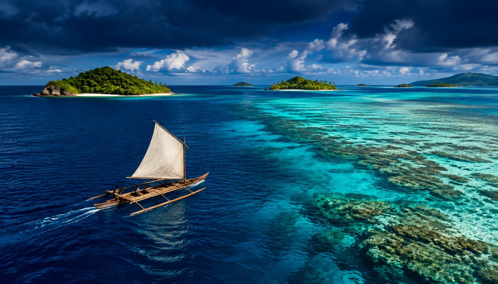 A traditional sailing canoe gliding over coral reefs between Fijian islands